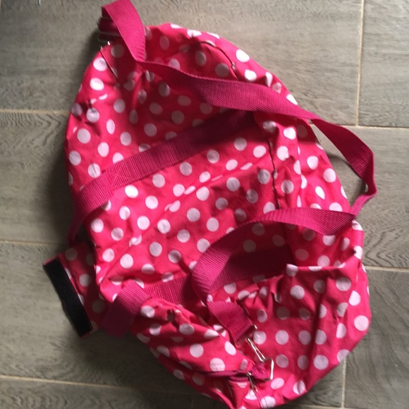 Pink and white polka dot “B” duffle bag with strap and front zipper small pocket - Picture 3 of 16
